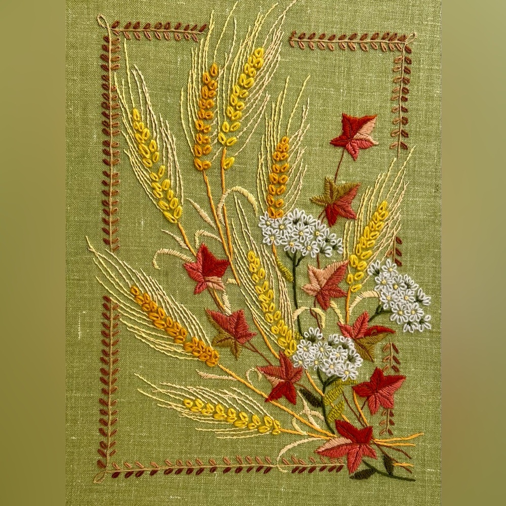 Vintage Leewards Kit Embroidered Crewel Wheat Floral Art Hand Made Green - Picture 5 of 9